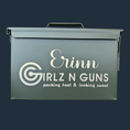 Load image into Gallery viewer, The Tactical Titan: Personalized Military Style Storage Can is a green weatherproof steel box with a lid, featuring Erinn Girlz N Guns and the slogan packing heat & looking sweet in white cursive and bold lettering. Top handles ensure easy carrying, making it a military-style storage essential.