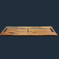 Load image into Gallery viewer, The Sophisticated Dining: Engraved Grazing Board is a rectangular acacia wood serving tray with cut-out handles, showcasing a natural grain pattern with an engraved letter L in the center, set against a dark blue background.