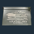 Load image into Gallery viewer, A dark green metal sign made from weatherproof steel features I AM 1776% SURE NO ONE WILL BE TAKING MY GUNS on a distressed American flag design, capturing the resilience of a Tactical Titan: Personalized Military Style Storage Can.