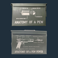 Load image into Gallery viewer, Two green metal boxes made from weatherproof steel feature playful firearm diagrams. The top box shows Anatomy of a Pew with terms like bang button, while the bottom showcases Anatomy of a Pew Pewer. This Tactical Titan: Personalized Military Style Storage Can is a humorous storage solution.
