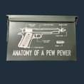 Load image into Gallery viewer, The Tactical Titan: Personalized Military Style Storage Can is a robust, weatherproof green metal box featuring the humorous Anatomy of a Pew Pewer diagram, highlighting comical parts like the look aimy thingy and pew pew tube, ensuring tactical titan durability.