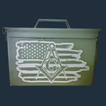 Load image into Gallery viewer, The Tactical Titan storage can is a weatherproof steel case with a handle, featuring a stylized American flag and Masonic symbol, including a compass and G, on one side.
