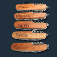 Load image into Gallery viewer, Five customizable wooden-handled Versatile 8-Function Pocket Tools with silver features are engraved with the names Paw, Nathan, Jared, Taylor, and Daddio. These practical and sentimental multi-tools make perfect gifts.