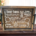 Load image into Gallery viewer, The Cookies for Santa Serving Tray is decorated with holiday chalk art featuring a reindeer, carrot, and tree. Ideal for Christmas Eve, it reads: Dear Santa, heres some milk, A yummy carrot for the reindeer, Love, Levi.