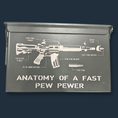 Load image into Gallery viewer, A grey, weatherproof steel box named ANATOMY OF A FAST PEW PEWER resembles a Tactical Titan: Personalized Military Style Storage Can and features a humorous firearm diagram with playful labels like Look Aimy Thingy and Pew Pew Holder, offering laughs while securing your gear.