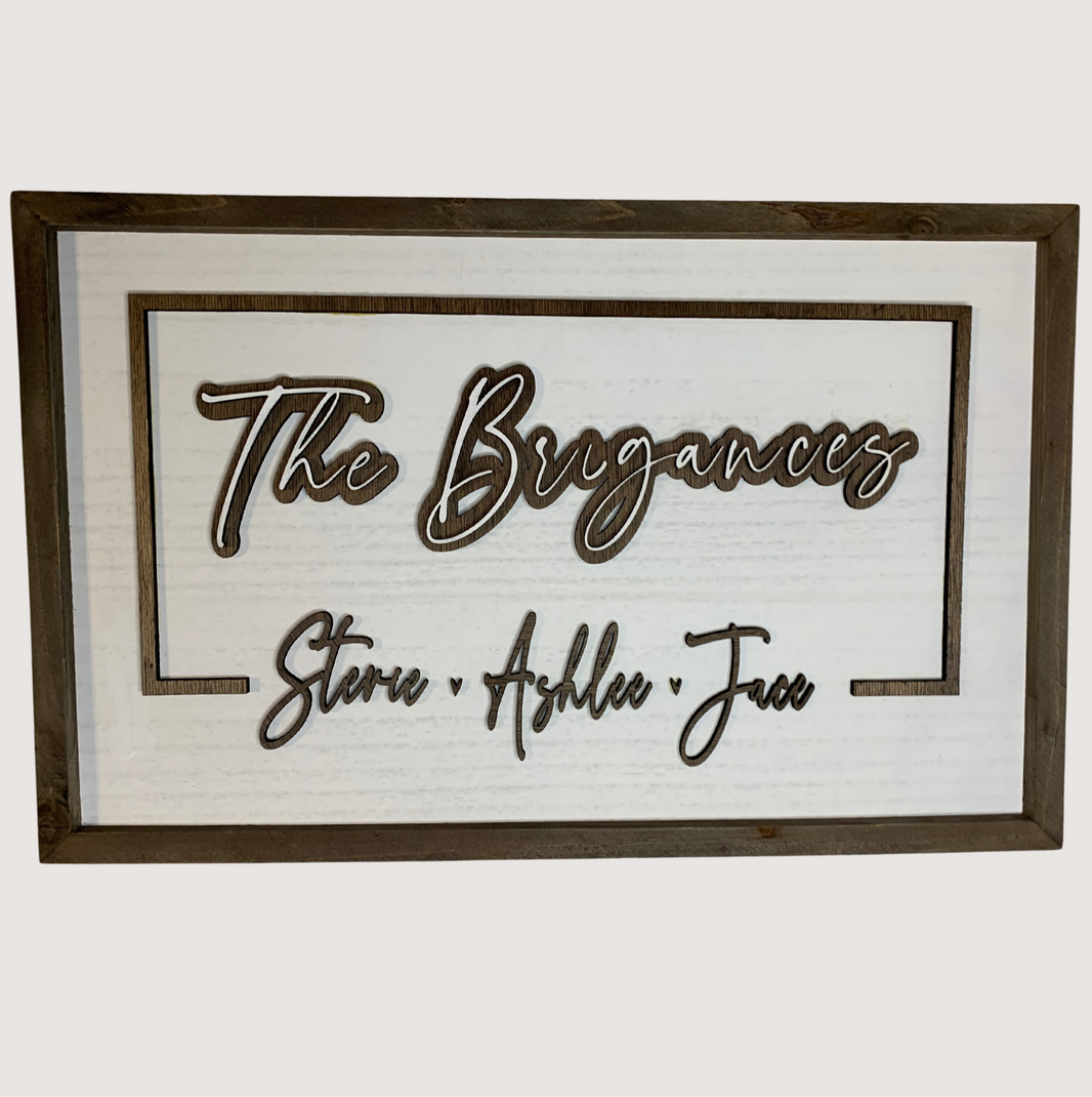 3D Wooden sign with last name in middle and family members' first name underneath the last name. Border around last name and connects to first names.